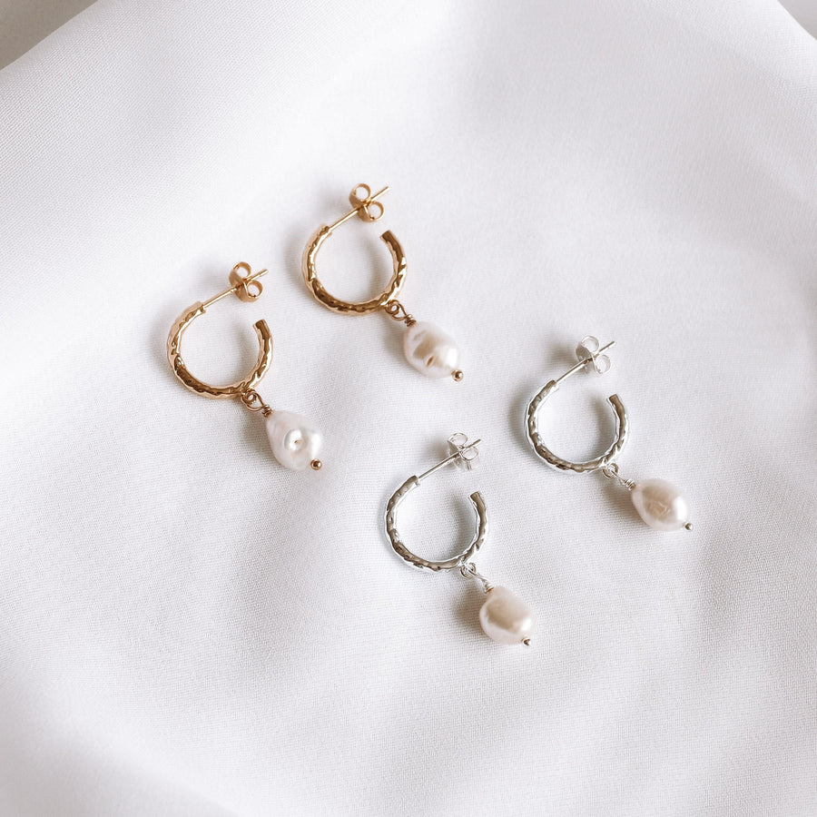 Harper - Gold or Silver Sterling Silver Pearl Hoops